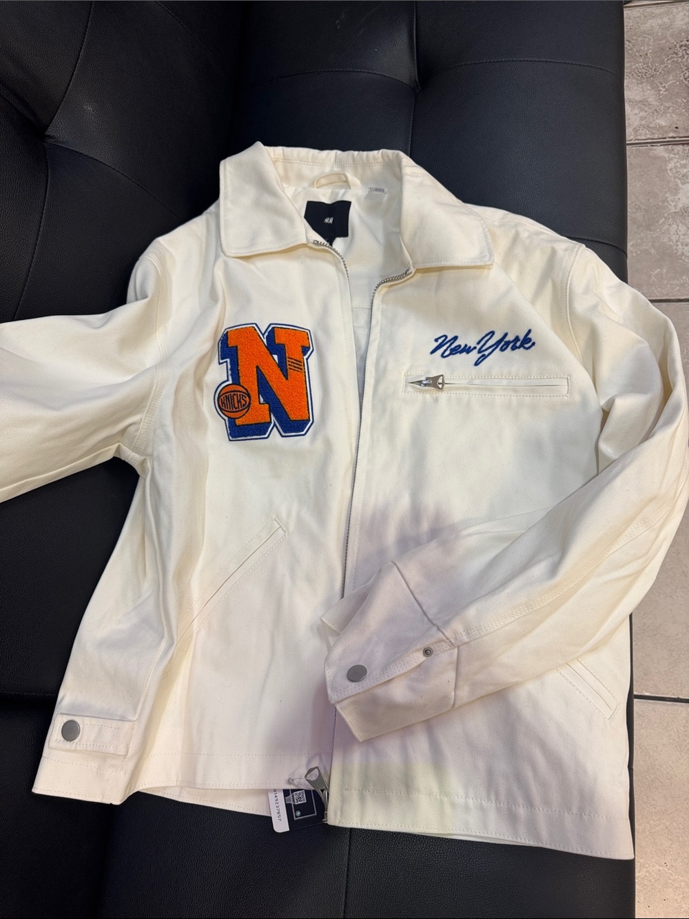 H&M Cream Varsity Jacket with Orange & Blue 'N' Patch